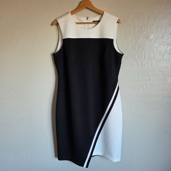 Tommy Hilfiger Asymmetric Scuba Sheath Dress Colorblock Black/White Sz 14 Career - Picture 1 of 10